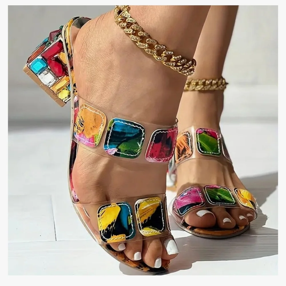 Fashion Colorful Jeweled Block Heel Sandal Size 37 / US 6 - Picture 2 of 15